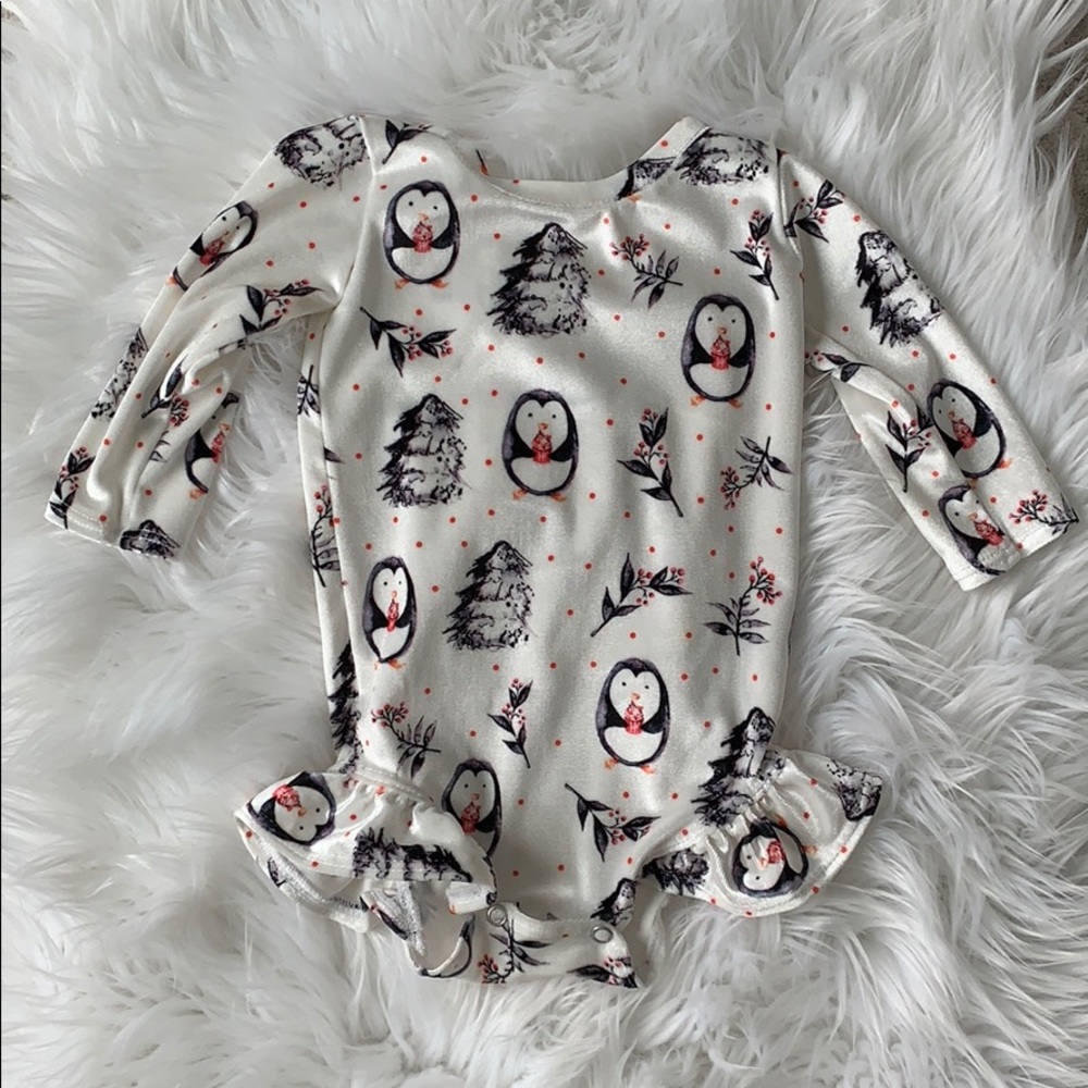 Baby Girl Velvet Penguin Ruffle Onesie